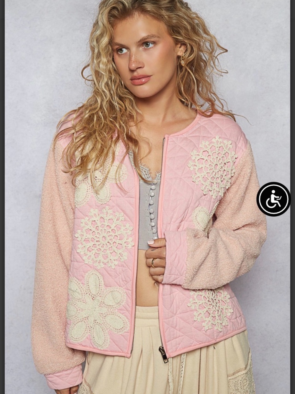 POL Women’s Pink Quilted Crochet-Accent Jacket